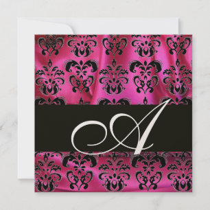 FUCHSIA PINK BLACK DAMASK CLOTH MONOGRAM, Gold Kaart