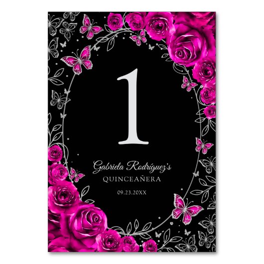 Fuchsia Pink Black Silver Quinceanera Kaart (Voorkant)