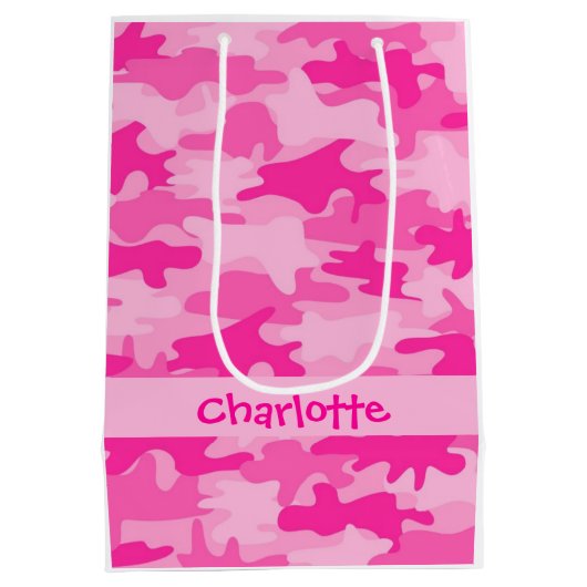 Fuchsia Pink Camouflage Naam Gepersonaliseerd Medium Cadeauzakje (Achterkant)