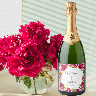 Fuchsia Pink Floral Chic Personalized Wedding Sparkling Wijnetiket