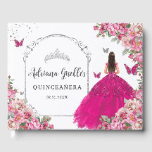 Fuchsia Pink Floral Princess Silver Quinceanera 