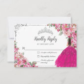 Fuchsia Pink Floral Silver Princess Quinceanera RSVP Kaartje (Voorkant)