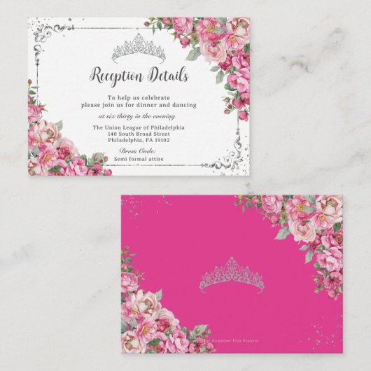 Fuchsia Pink Floral Sweet 16 Quinceañera Reception Informatiekaartje (Voorkant / Achterkant)