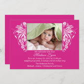Fuchsia Pink Flourish New Baby Birth Annoucement Kaart (Voorkant / Achterkant)