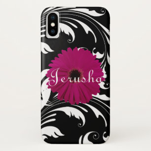 Fuchsia Pink Gerbera Daisy Black/White Swirl Girly iPhone X Hoesje