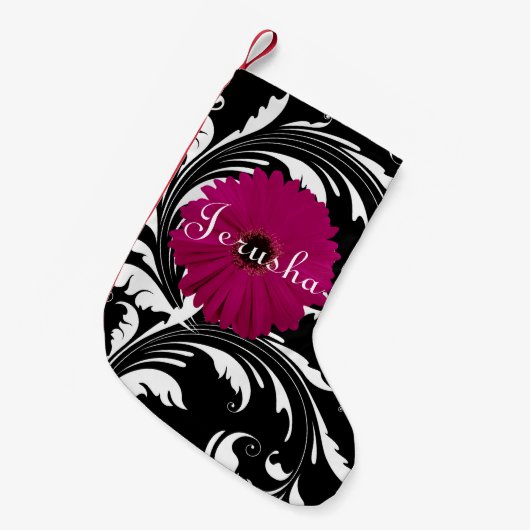 Fuchsia Pink Gerbera Daisy Black/White Swirl Girly Kleine Kerstsok (Voorkant (Hangend))