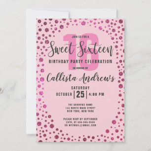 Fuchsia Pink Glitter Confetti Border Sweet 16 Kaart