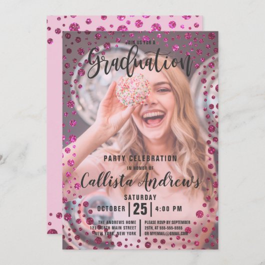 Fuchsia Pink Glitter Confetti Photo Afstuderen Kaart (Voorkant / Achterkant)