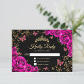 Fuchsia Pink Gold Quinceanera Reply RSVP Kaartje (Staand voorkant)