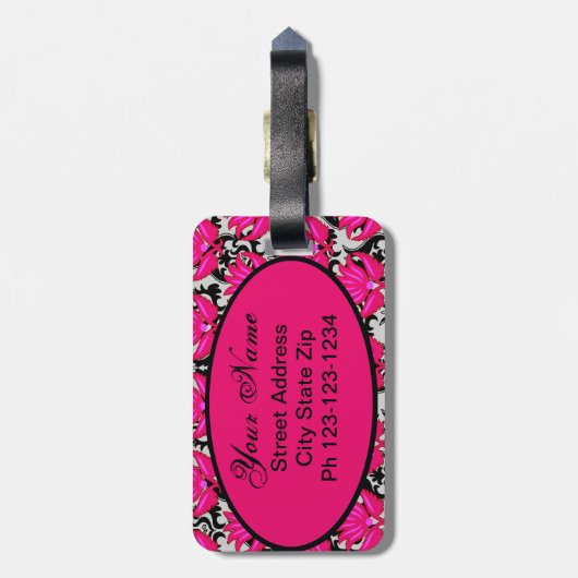 Fuchsia Pink Grey Parisian Damask Monogram Bagagelabel (Achterkant verticaal)