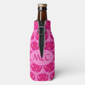 Fuchsia Pink Modern Art Nouveau Damask Monogram Flesjeskoeler (Fles Achterkant)