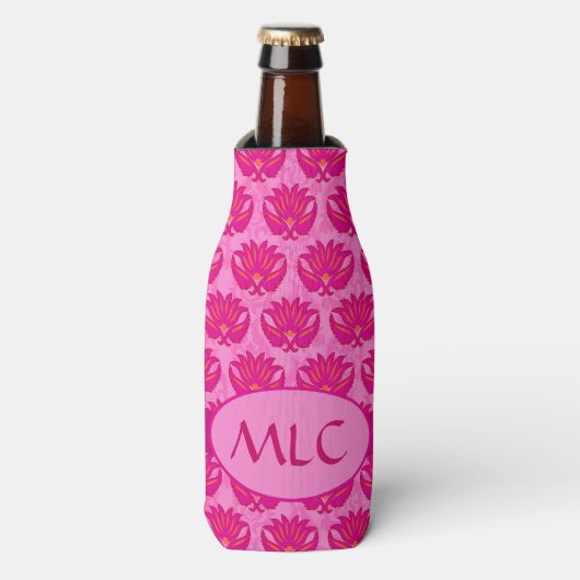 Fuchsia Pink Modern Art Nouveau Damask Monogram Flesjeskoeler (Fles Voorkant)