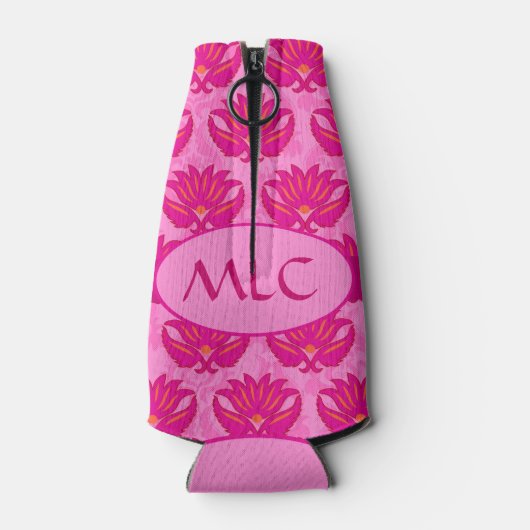 Fuchsia Pink Modern Art Nouveau Damask Monogram Flesjeskoeler (Achterkant)