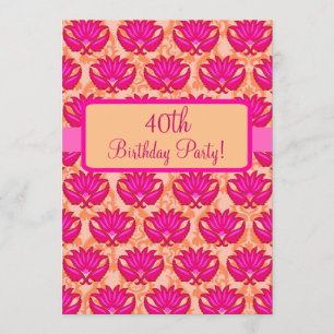 Fuchsia Pink Oranje Damask 40e verjaardag Kaart