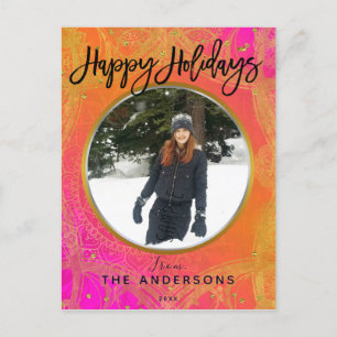 Fuchsia Pink Oranje & Gold Mandala Holiday Foto Feestdagenkaart