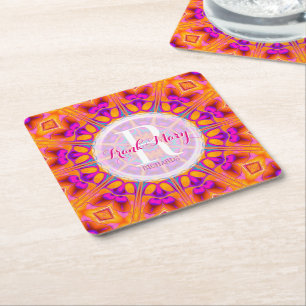 Fuchsia Pink Oranje Monogram Papier Onderzetters