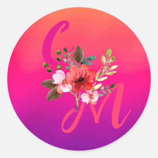 Fuchsia Pink Oranje Paars Bright en Vet Floral Ronde Sticker (Voorkant)