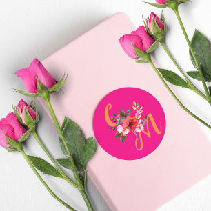 Fuchsia Pink Oranje Paars Bright en Vet Floral Ronde Sticker