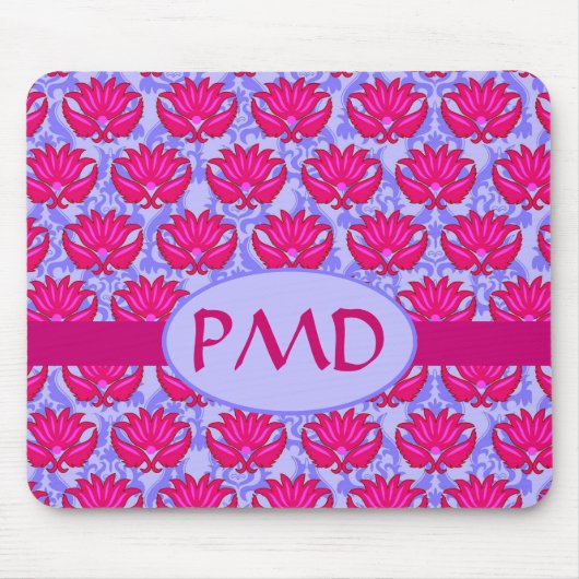 Fuchsia Pink Paars Art Nouveau Damask Monogram Muismat (Voorkant)