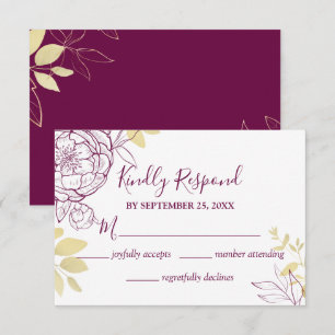 Fuchsia Pink Paars & Gold Peony Floral Wedding RSVP Kaartje