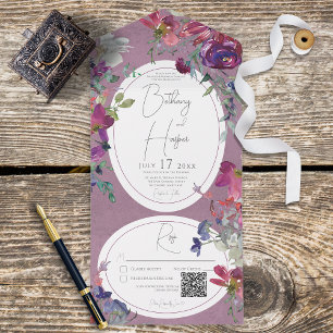 Fuchsia Pink & Paarse Boho Floral QR Code All In One Uitnodiging