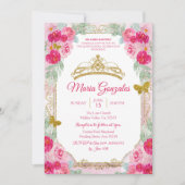 Fuchsia Pink Roses & Butterfly Mis Quince Kaart (Voorkant)