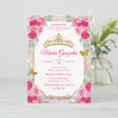 Fuchsia Pink Roses & Butterfly Mis Quince Kaart (Staand voorkant)