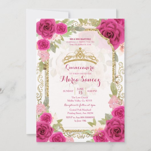 Fuchsia Pink Roses Charra Mis Quince Kaart (Voorkant)