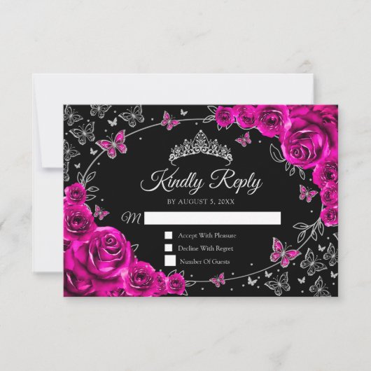 Fuchsia Pink Silver Quinceanera Reply RSVP Kaartje (Voorkant)