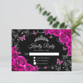Fuchsia Pink Silver Quinceanera Reply RSVP Kaartje (Staand voorkant)