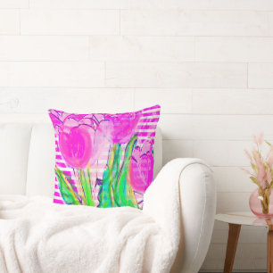 Fuchsia Pink Tulips in een Vase multimedia Kussen
