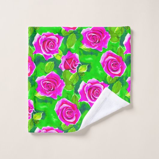 Fuchsia Pink Waterverf Roos Patroon Bad Handdoek (Wasdoekje)