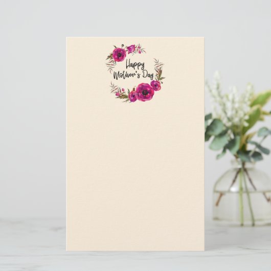 Fuchsia Poppies Floral WreatHappy Moederdag Briefpapier (Staand voorkant)