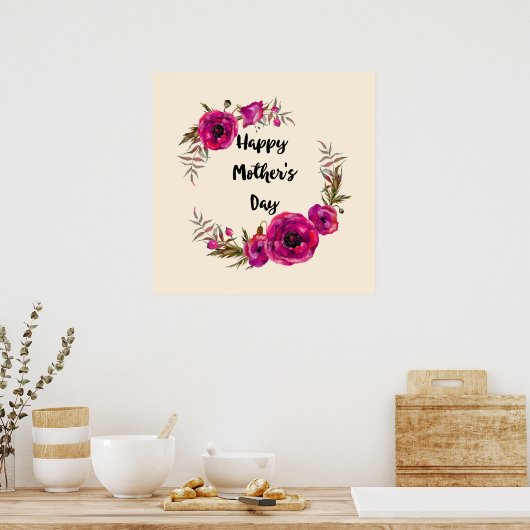Fuchsia Poppies Floral WreatHappy Moederdag Poster (Keuken)
