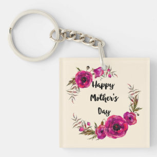 Fuchsia Poppies Floral WreatHappy Moederdag Sleutelhanger