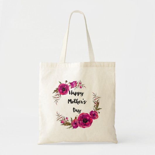 Fuchsia Poppies Floral WreatHappy Moederdag Tote Bag (Voorkant)