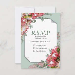 Fuchsia Protea's met groene en gouden linten RSVP Kaartje