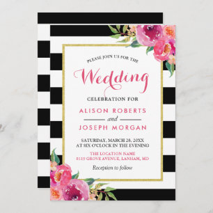Fuchsia Raspberry Floral Stripes Modern Wedding Kaart