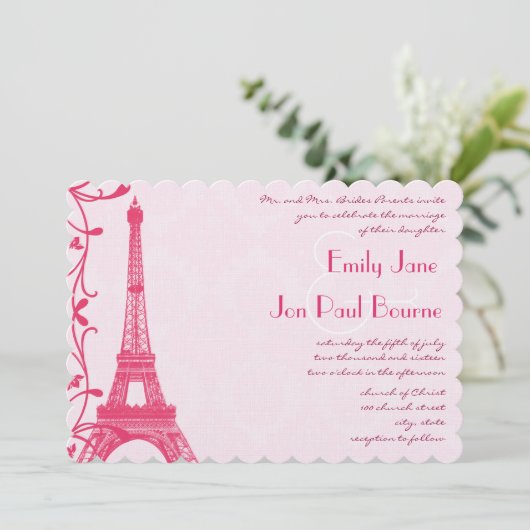 Fuchsia Raspberry Tour Eiffel Faire-part de mariag (Debout devant)