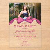 Fuchsia Roos Bow Foto Afstudeerfeest Acryl Uitnodigingen (Voorkant)