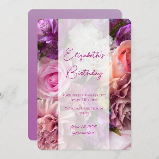 Fuchsia Roos Verjaardag Uitnodiging Kaart (Voorkant / Achterkant)