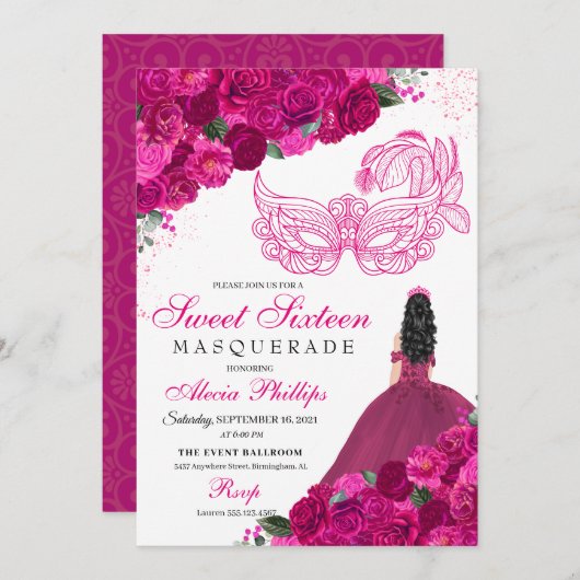 Fuchsia rose Floral Masquerade Sweet 16 Invitation (Devant / Derrière)