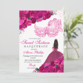Fuchsia rose Floral Masquerade Sweet 16 Invitation (Debout devant)
