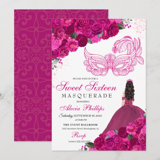 Fuchsia rose Floral Masquerade Sweet 16 Invitation (Devant / Derrière)
