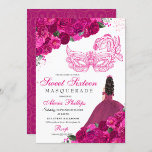 Fuchsia rose Floral Masquerade Sweet 16 Invitation