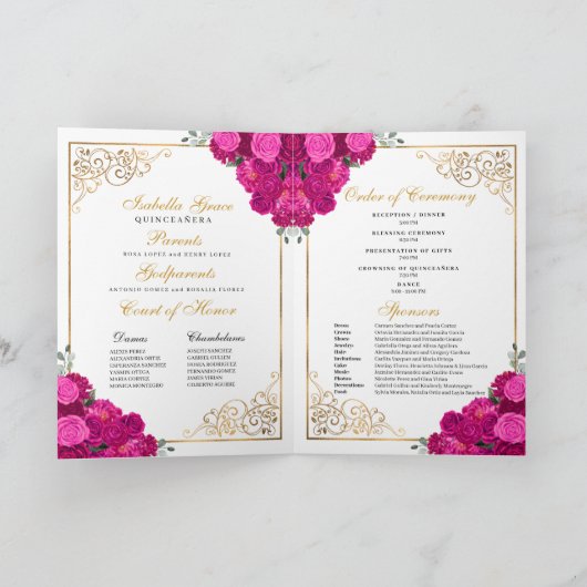 Fuchsia rose Floral Tiara Quinceanera Programme (Intérieur)