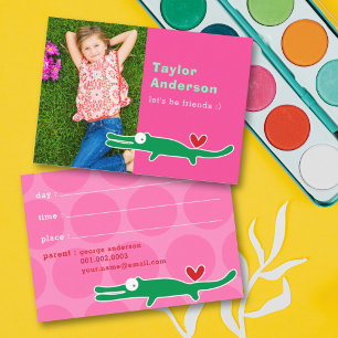 Fuchsia Roze Alligator Cartoon Kinderen Foto Speel Contactkaartje