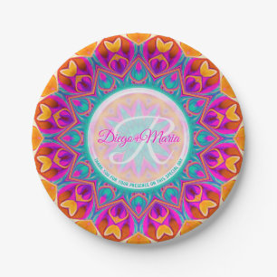 Fuchsia Roze Aqua Oranje Partij Mandala Monogram Papieren Bordje
