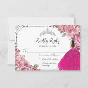 Fuchsia Roze Bloem Zilveren Prinses Quinceanera RSVP Kaartje