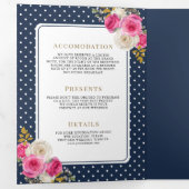 Fuchsia Roze Bloemen Alles in Een Kreeft Marine Hu Drieluik Uitnodiging (Binnenzijde eerst)